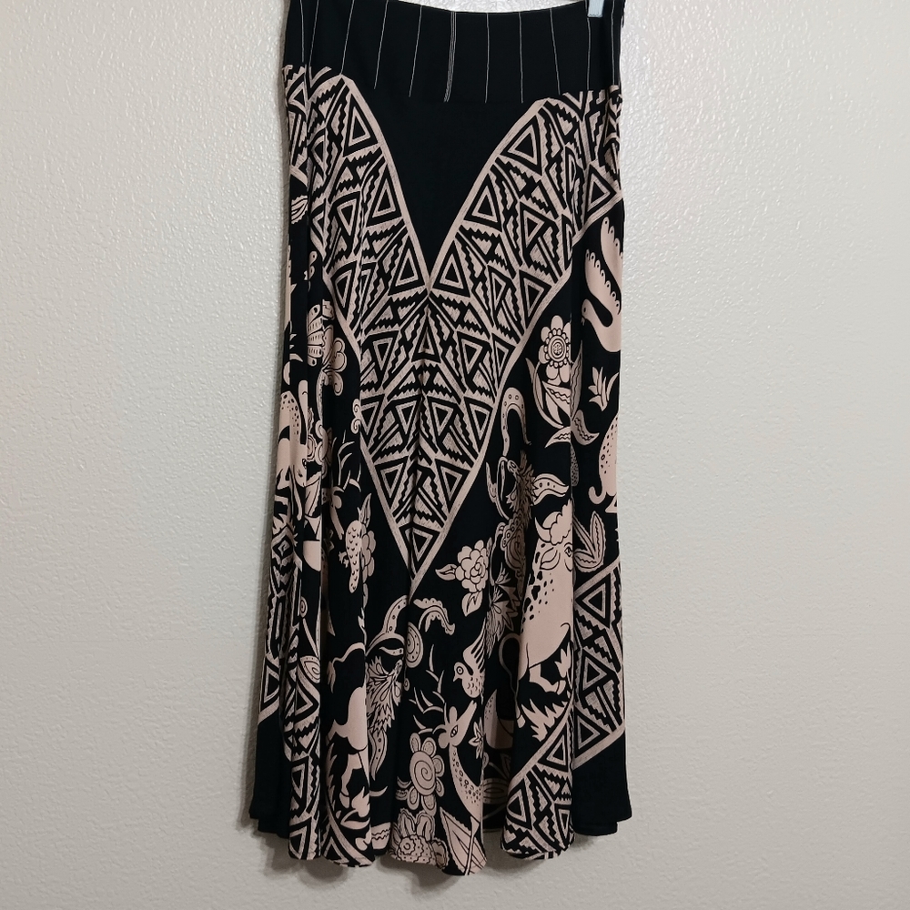 Harari Black Tan Silk Geometric Floral Birds Giraffe Maxi Skirt